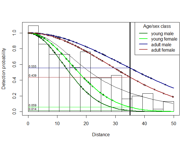 Predicted detection probabilities for four age x sex classes; with those at 35m highlighted.