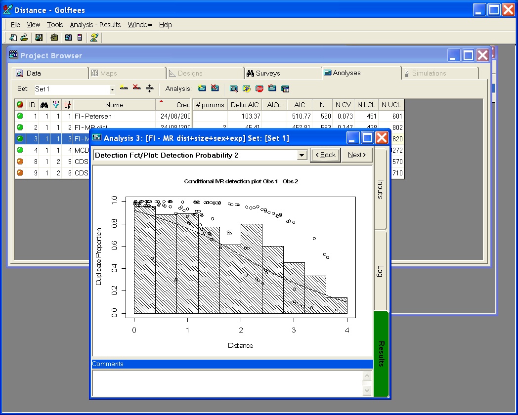 A screen-shot of Distance 6.0, showing some output from the mark recapture distance sampling analysis engine.
