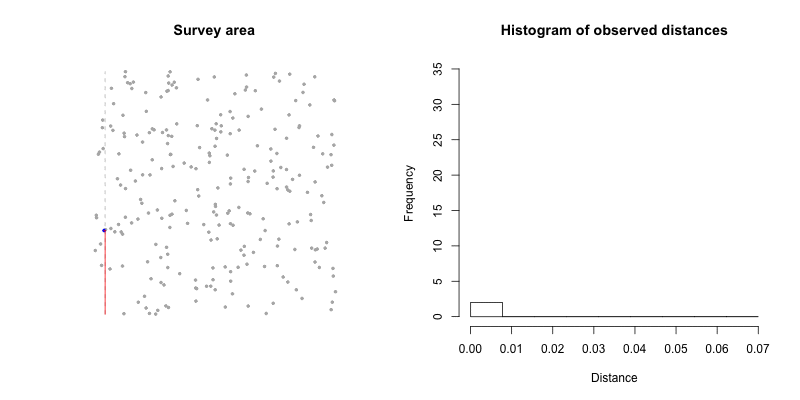 An animation showing an example of a distance sampling line transect survey, as the observer moves along lines, objects are detected and their observed distances are reflected in an updated histogram