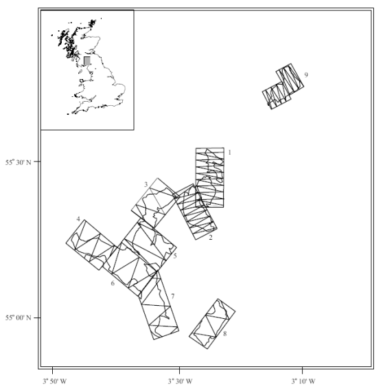 Location of sika deer survey in southern Scotland and the survey design (from  [@Maretal01]). Note the differing amounts of effort in different woodlands based on information derived from pilot surveys.