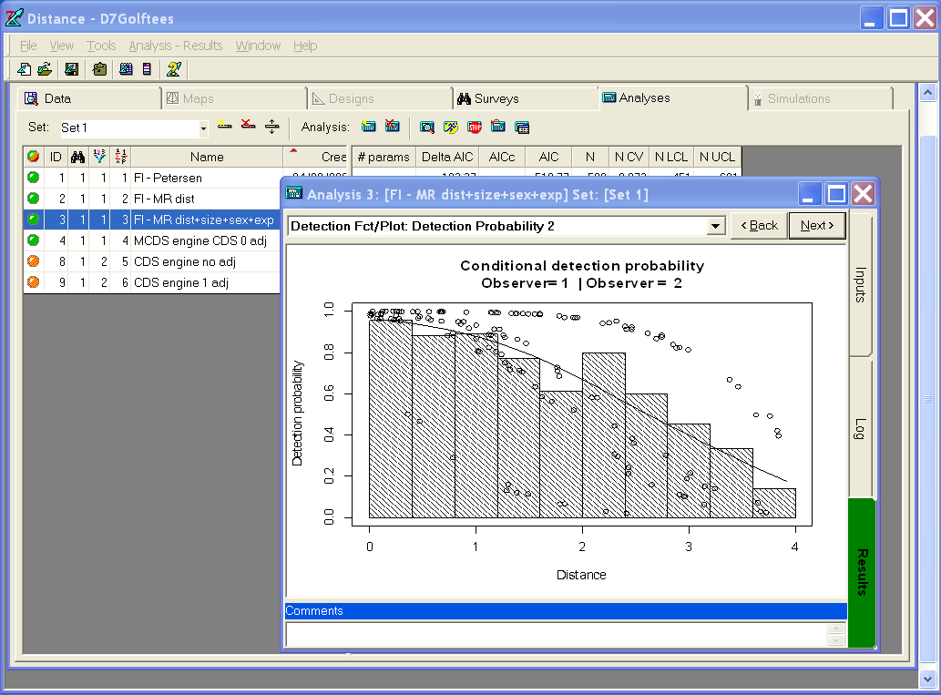 A screenshot of Distance 7.1, showing some output from the mark recapture distance sampling analysis engine.