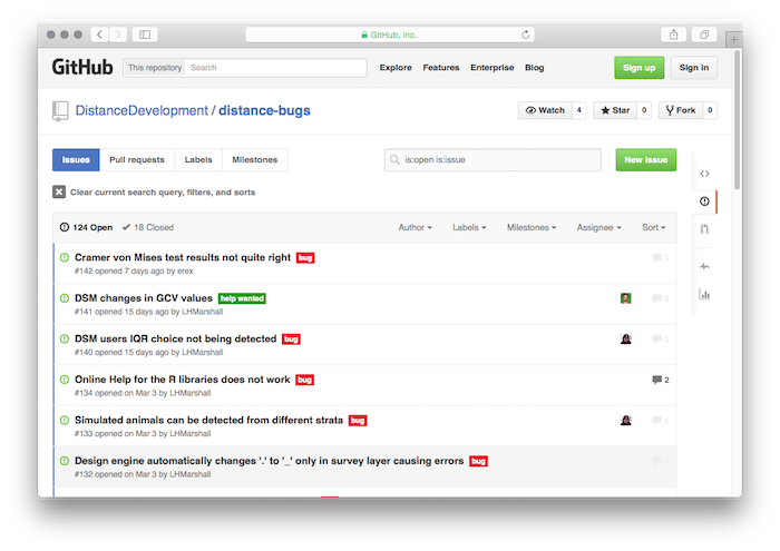 The Github Issues page for Distance