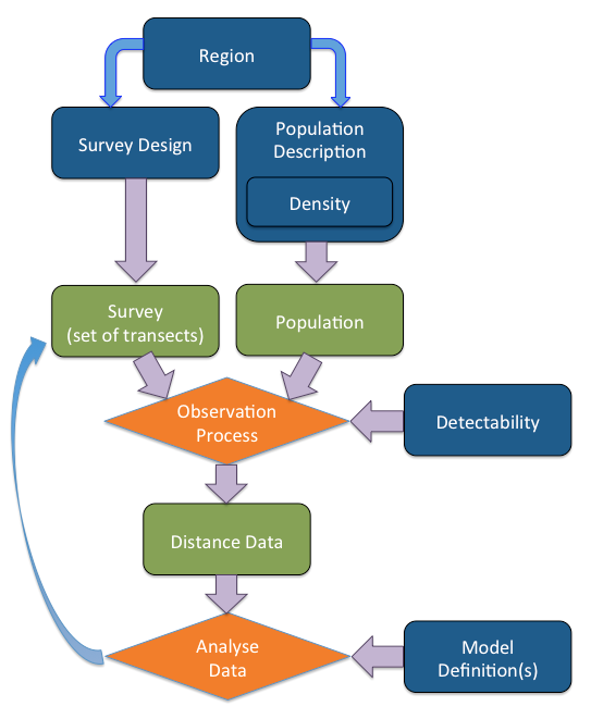 Illustrates the simulation process. Blue rectangles indicate information supplied by the user. Green rectangles are objects created by dsims in the simulation process. Orange diamonds indicate the processes carried out by dsims.