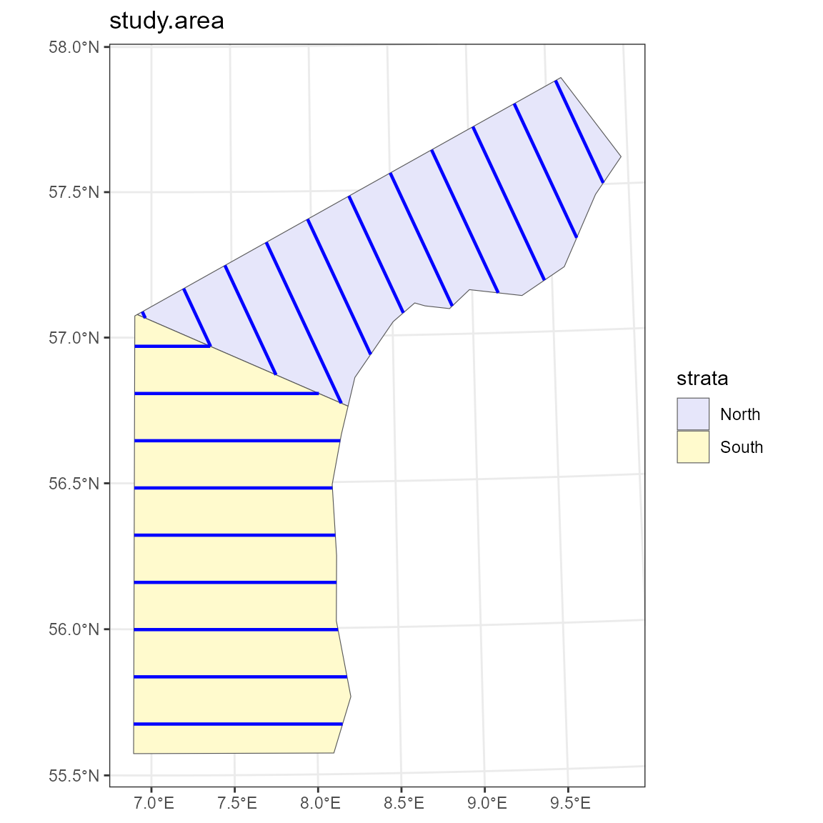 Figure 4: Survey generated from on a multi-strata default design with stratum specific design angles. 