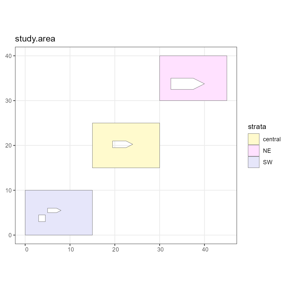 Figure 14: A single study region with multiple polygon parts.  Each are separate strata.