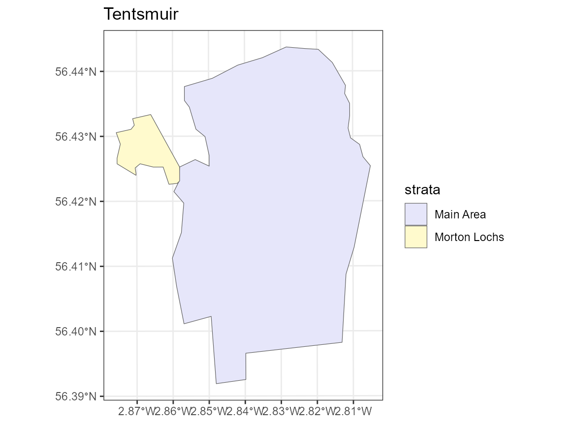 Figure 11: Study region depicting an area of forest between Dundee and St Andrews in Scotland. It comprises of a main stratum and a Morton Loch stratum which forms part of a nature reserve in the area.