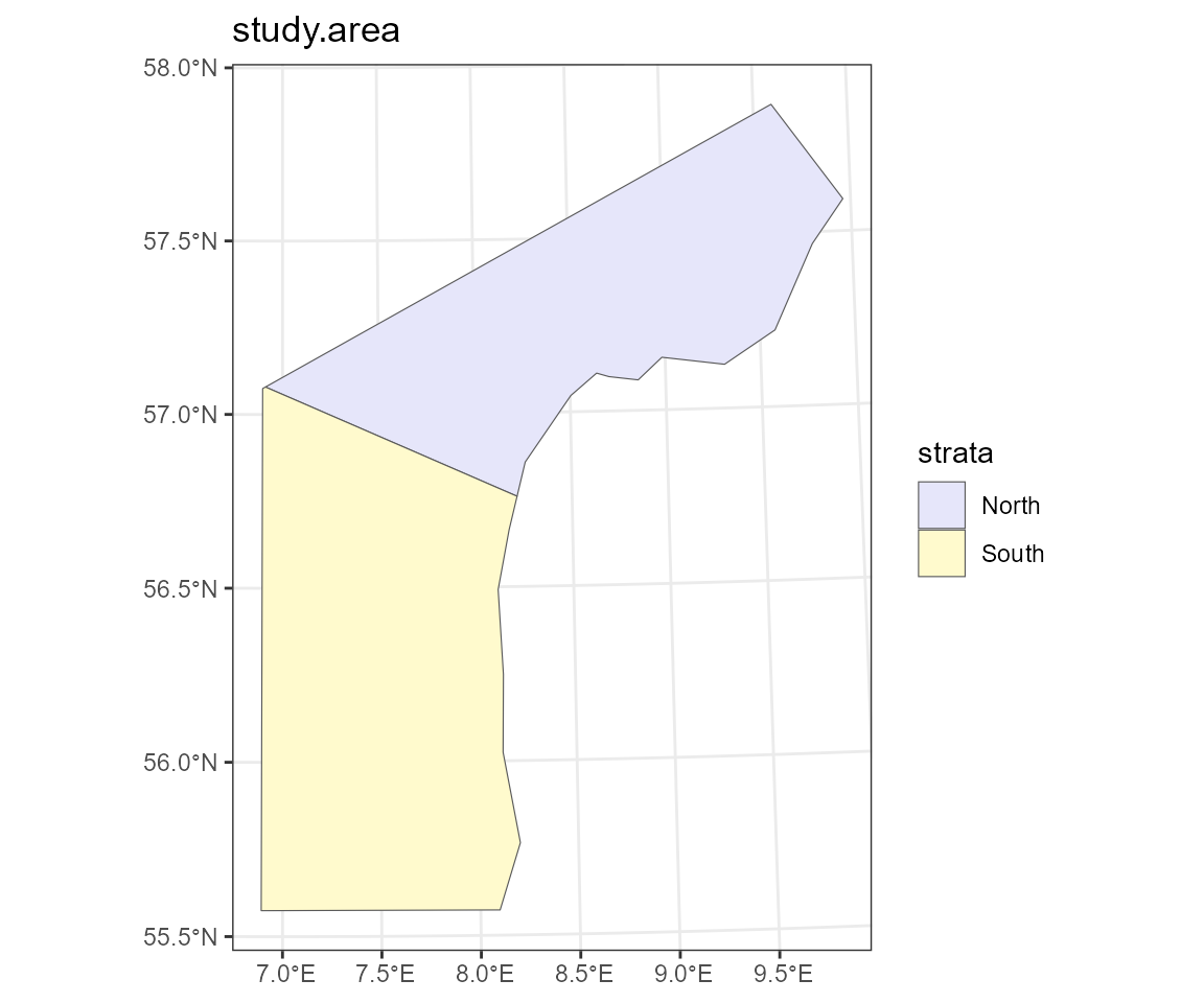 Figure 2: Plot of an example study area comprising of 2 strata, a northern stratum and a southern stratum