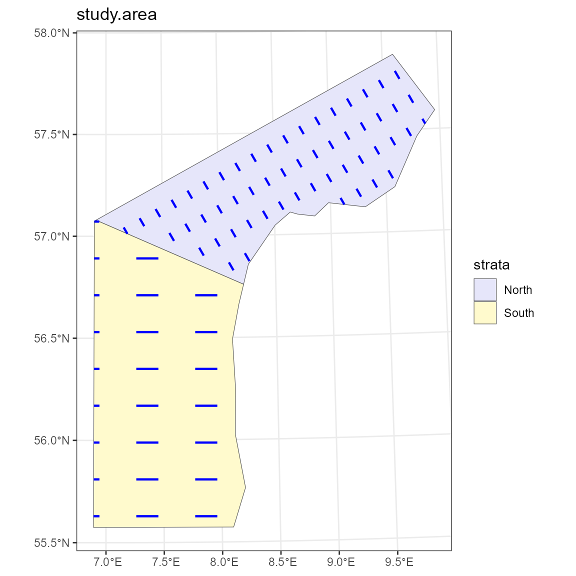 Figure 7: A single survey generated from a segmented grid design with different design parameters in each stratum.