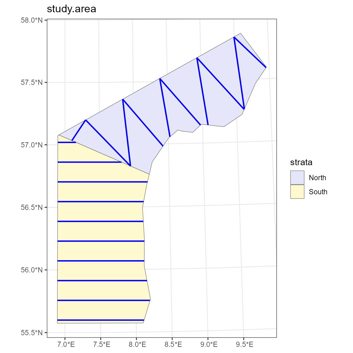 Figure 5: Example survey from a mixed-type design with systematic parallel lines in the southern strata and an equal spaced zigzag designs in the northern strata.