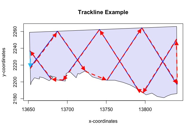 Figure 9: Illustrates the trackline and cyclic trackline lengths for complementary zigzag designs. The sum of the lengths of the red arrows represent the trackline length. The sum of the lengths of the red arrows and the light blue arrow represent the cyclic trackline length.